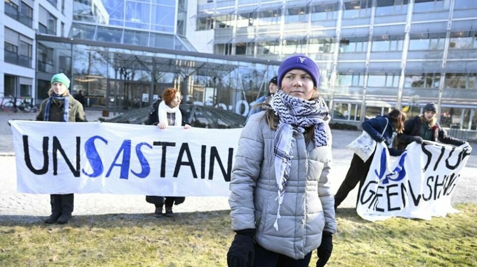 Den svenske klimaaktivisten Greta Thunberg utenfor flyselskapet SAS' hovedkontor i Stockholm i mars. Thunberg var blant flere aktivister som aksjonerte mot det de kalte flyselskapets grønnvasking og lite bærekraftige modell. Blant norske ansatte i transportbransjen og reiselivsbransen svarer kun én av tre av de ansatte at de mener deres selskap er bærekraftige nok.