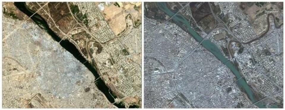 Satelittfoto viser Mosul før (t.h.) og etter (t.v.) sluttoffensiven mot IS i fjor sommer. Bildet til høyre er fra 2015. Scanpix/AP. Satelittfoto viser Mosul før (t.h.) og etter (t.v.) sluttoffensiven mot IS i fjor sommer. Bildet til høyre er fra 2015. Scanpix/AP.