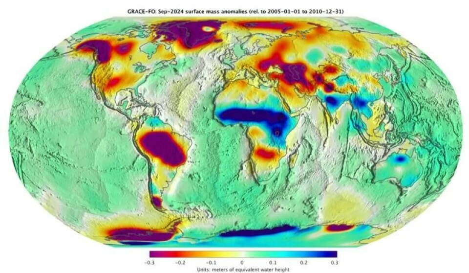 Satellittmålt endring i tyngdefeltet, omregnet til regional vann-høyde. Satellittmålt endring i tyngdefeltet, omregnet til regional vann-høyde. Foto: Nasa