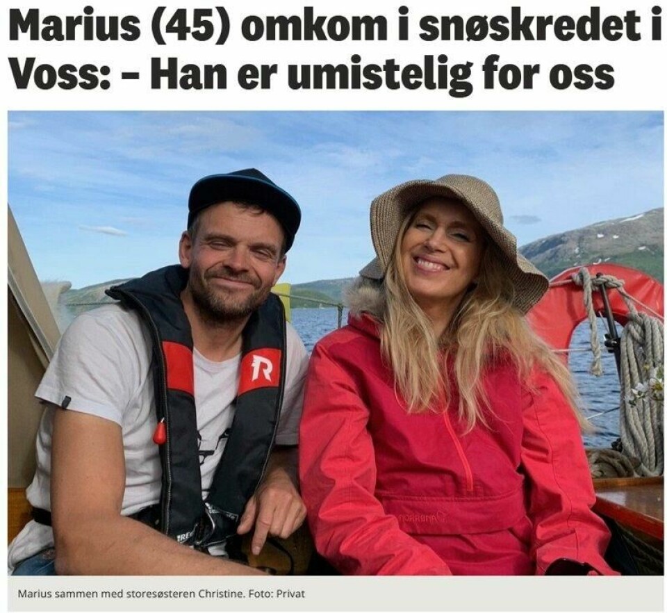 Trebarnsfaren Marius Reistad Martenson (45) fra Troms var en erfaren turgåer og redningsmann. Han jobbet som anestesilege ved Nordlandssykehuset, og i luftambulansen ved Universitetssykehuset Nord-Norge. På bildet er han sammen med søsteren Christine Nitter. (Skjermdump fra BA/Privat) Trebarnsfaren Marius Reistad Martenson (45) fra Troms var en erfaren turgåer og redningsmann. Han jobbet som anestesilege ved Nordlandssykehuset, og i luftambulansen ved Universitetssykehuset Nord-Norge. På bildet er han sammen med søsteren Christine Nitter. (Skjermdump fra BA/Privat)