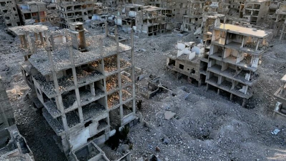 Et flyfoto av bydelen Yarmouk, som i utgangspunktet var en flyktningleir opprettet for palestinske flyktninger i 1948. Kampene mellom opprørere og regimet førte til at store deler av bygningsmassen ble lagt i grus og innbyggerne la på flukt.