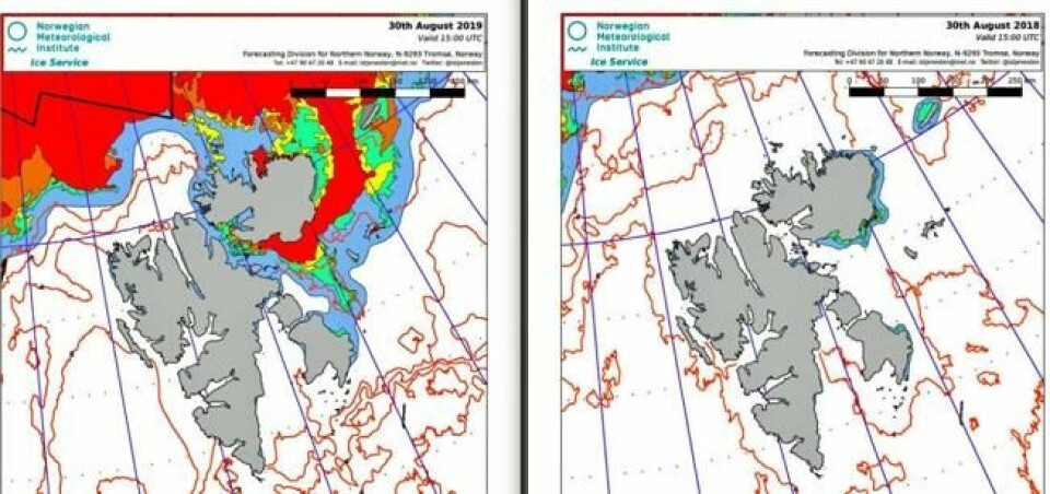 Endringene er betydelige fra i fjor (til høyre) til i år (til venstre), viser målingene fra Meteorologisk institutt. Endringene er betydelige fra i fjor (til høyre) til i år (til venstre), viser målingene fra Meteorologisk institutt. Foto: cryo.met.no