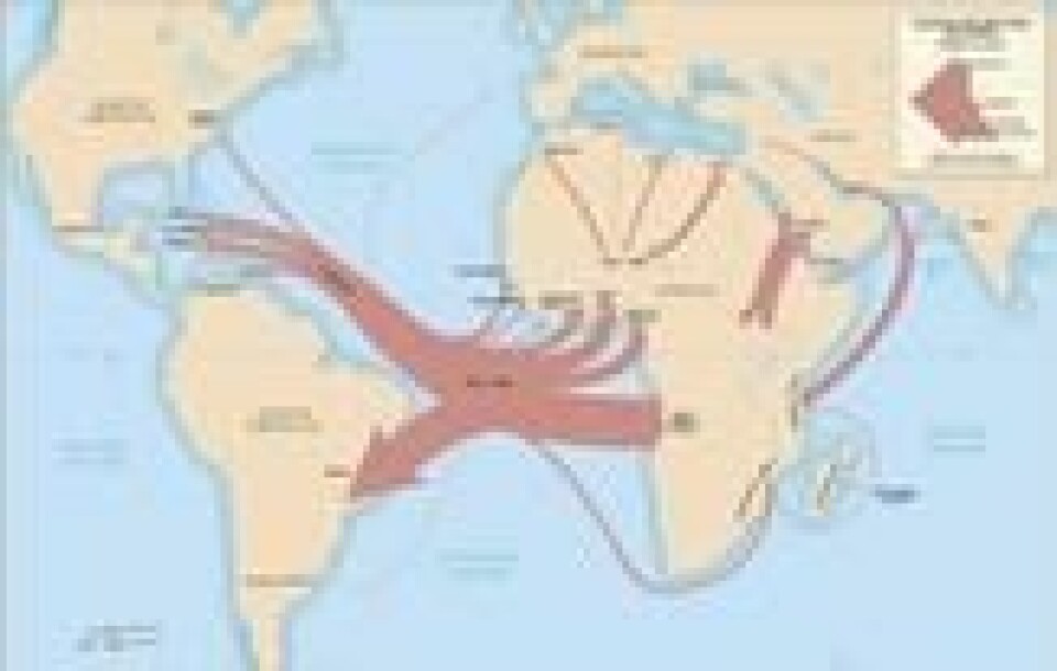 Kart som slavehandelen ut av Afrika i perioden 1500-1900. Illustrasjon: slavevoyages.org. Kart som slavehandelen ut av Afrika i perioden 1500-1900. Illustrasjon: slavevoyages.org.