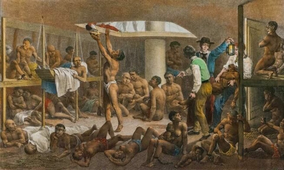 Et maleri fra 1830 av den tyske kunstneren t Johann Moritz Rugendas forsøker å vise scenen Rungenda selv hadde vært vitne til om bord på et slaveskip. Et maleri fra 1830 av den tyske kunstneren t Johann Moritz Rugendas forsøker å vise scenen Rungenda selv hadde vært vitne til om bord på et slaveskip.