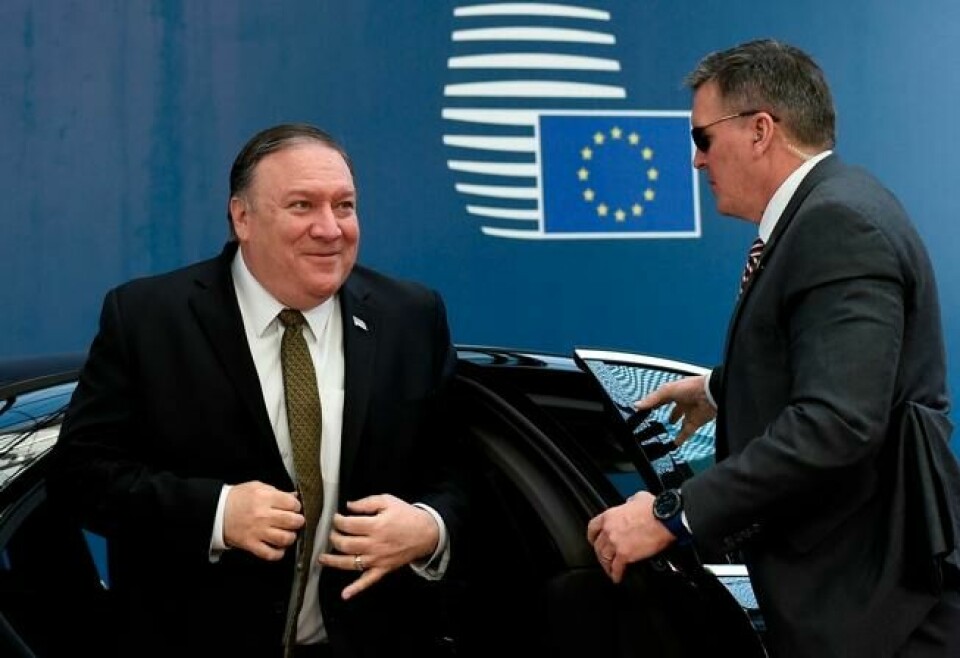 USAs utenriksminister Mike Pompeo (t.v.) ankommer EU-hovedkvarteret i Brussel 13. mai. NTB Scanpix/AFP. USAs utenriksminister Mike Pompeo (t.v.) ankommer EU-hovedkvarteret i Brussel 13. mai. NTB Scanpix/AFP.
