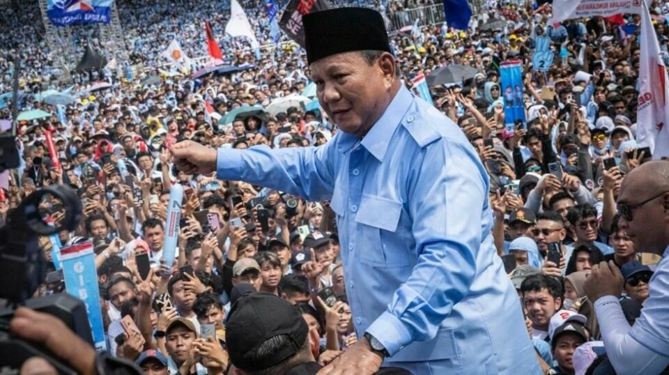 Presidentkandidat og nåværende forsvarsminister Prabowo Subianto ligger godt an på målingene før valget i Indonesia den 14. februar. Her er han avbildet under et valgkamparrangement på Gelora Bung Karno-stadion i Jakarta i helgen.
