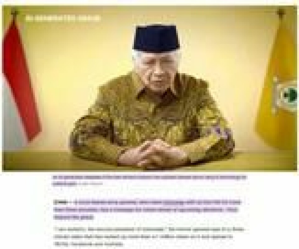 Spøkelses-diktator entrer valgkampen: Suharto, diktator i Indonesia gjennom tre tiår, har dukket opp i sluttspurten av valgkampen. Mannen bak regimets grusomme menneskerettighetsbrudd døde i 2008, men har nå «gjenoppstått» ved hjelp av kunstig intelligens, omtalt i blant annet denne CNN-artikkelen. En 3-minutters AI-generert video har fått millioner av visninger på X og er spredd videre gjennom TikTok, Facebook og YouTube, blant annet fra et av Indonesias største og eldste partier, Golkar. Deres mål er å mobilisere støtte for presidentkandidaten partiet støtter, tidligere general under Suharto, Prabowo Subianto. Spøkelses-diktator entrer valgkampen: Suharto, diktator i Indonesia gjennom tre tiår, har dukket opp i sluttspurten av valgkampen. Mannen bak regimets grusomme menneskerettighetsbrudd døde i 2008, men har nå «gjenoppstått» ved hjelp av kunstig intelligens, omtalt i blant annet denne CNN-artikkelen. En 3-minutters AI-generert video har fått millioner av visninger på X og er spredd videre gjennom TikTok, Facebook og YouTube, blant annet fra et av Indonesias største og eldste partier, Golkar. Deres mål er å mobilisere støtte for presidentkandidaten partiet støtter, tidligere general under Suharto, Prabowo Subianto. Foto: Faksimile fra CNN