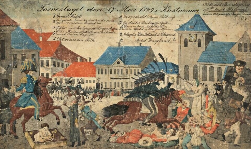 «Torvslaget» eller «Torgslaget» i 1829. Den gangen gikk 17.-mai-feiringen hardt for seg, bokstavelig talt. «Torvslaget» eller «Torgslaget» i 1829. Den gangen gikk 17.-mai-feiringen hardt for seg, bokstavelig talt. Foto: Koloreret Pennetegning af Literat Reimers / Nasjonalbiblioteket / Offentlig eiendom