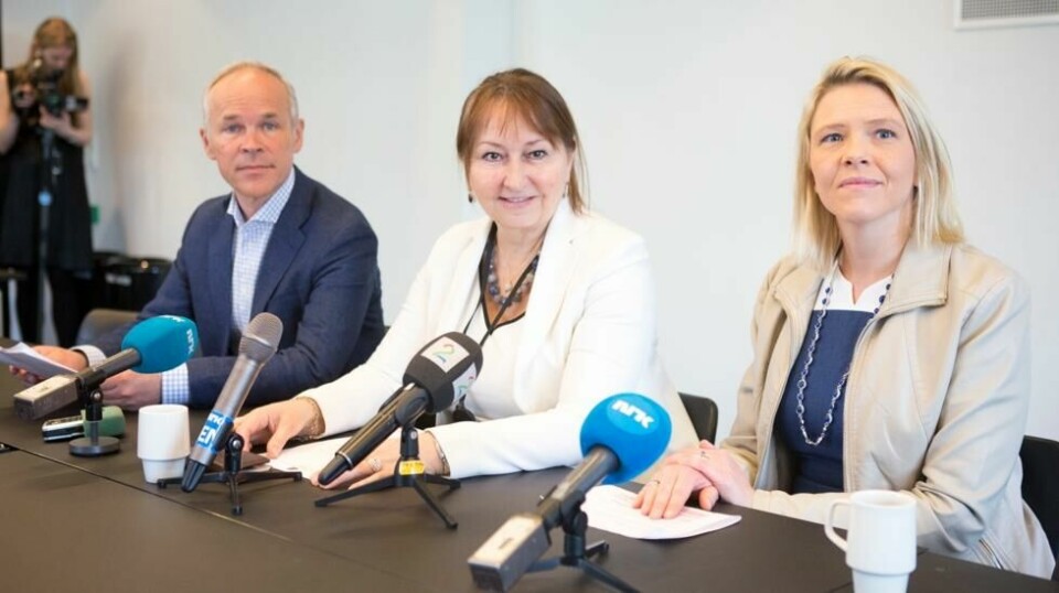 Innvandrings- og integreringsminister Sylvi Listhaug (FrP) og kommunal- og moderniseringsminister Jan Tore Sanner (H) og KS-leder Gunn Marit Helgesen i forbindelse med pressekonferansen om ekstratilskudd til kommunene ved bosetting av flyktninger.