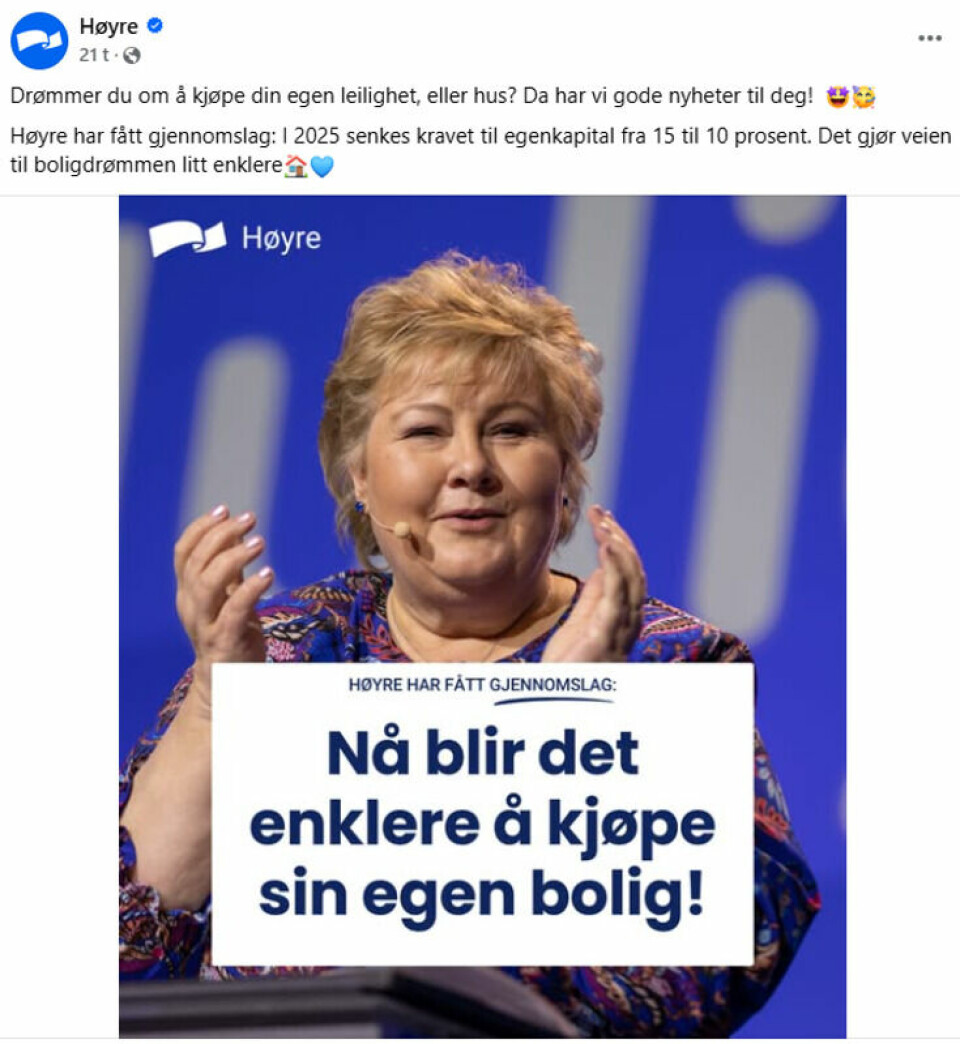 Jenny Klinge reagerer på dette Høyre-innlegget på Facebook. «Drømmer du om å kjøpe din egen leilighet, eller hus? Da har vi gode nyheter til deg! Høyre har fått gjennomslag: I 2025 senkes kravet til egenkapital fra 15 til 10 prosent. Det gjør veien til boligdrømmen litt enklere», heter det i innlegget. Jenny Klinge reagerer på dette Høyre-innlegget på Facebook. «Drømmer du om å kjøpe din egen leilighet, eller hus? Da har vi gode nyheter til deg! Høyre har fått gjennomslag: I 2025 senkes kravet til egenkapital fra 15 til 10 prosent. Det gjør veien til boligdrømmen litt enklere», heter det i innlegget. Foto: Skjermdump Facebook