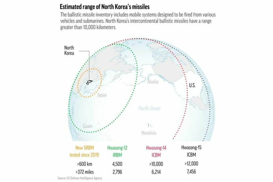 Dette kartet delt av det amerikanske forsvarsdepartementet i 2022 viser estimert rekkevidde på flere Hwasong-missiler. Dette kartet delt av det amerikanske forsvarsdepartementet i 2022 viser estimert rekkevidde på flere Hwasong-missiler. Foto: AP / NTB