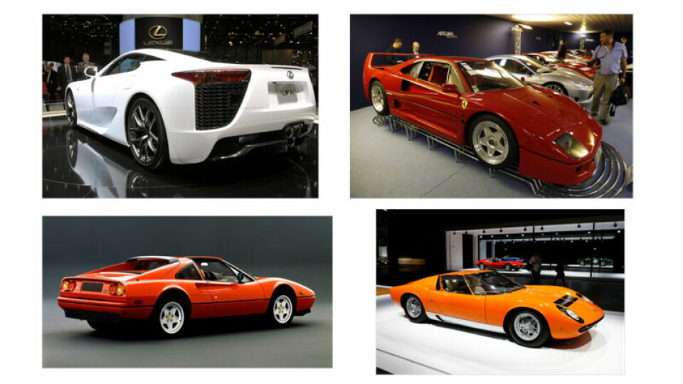 Fra øverst venstre: Lexus LFA, Ferrari F40, Ferrari 328 og Lamborghini Miura. Foto: AP/Itsuo Inouye/NTB, AFP/Francois Guillot/NTB, Ferrari og Reuters/Arnd Wiegmann/NTB / Kollasj: Kapital Fra øverst venstre: Lexus LFA, Ferrari F40, Ferrari 328 og Lamborghini Miura. Foto: AP/Itsuo Inouye/NTB, AFP/Francois Guillot/NTB, Ferrari og Reuters/Arnd Wiegmann/NTB / Kollasj: Kapital