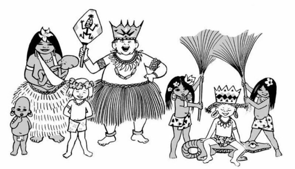 Pippi, Tommy og Annika besøker kaptein og konge Efraim Langstrømpe på Kurrekurreduttøya i Sydhavet, nå Stillehavet. Der får Pippi være prinsesse. (Illustrasjon i boka Pippi Langstrømpe fra 2015 / Cappelen Damm) Pippi, Tommy og Annika besøker kaptein og konge Efraim Langstrømpe på Kurrekurreduttøya i Sydhavet, nå Stillehavet. Der får Pippi være prinsesse. (Illustrasjon i boka Pippi Langstrømpe fra 2015 / Cappelen Damm)