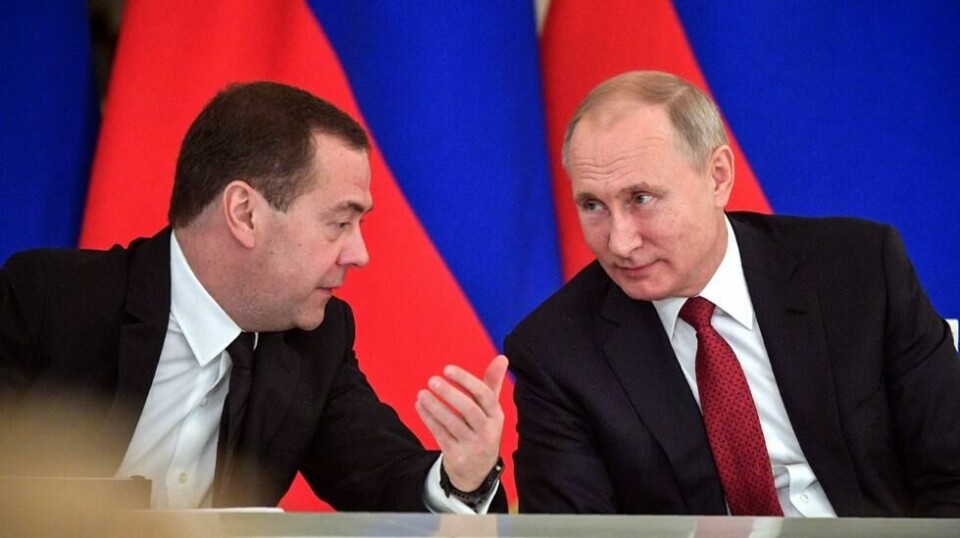 Dmitrij Medvedev og Russlands president Vladimir Putin avbildet sammen i 2018.