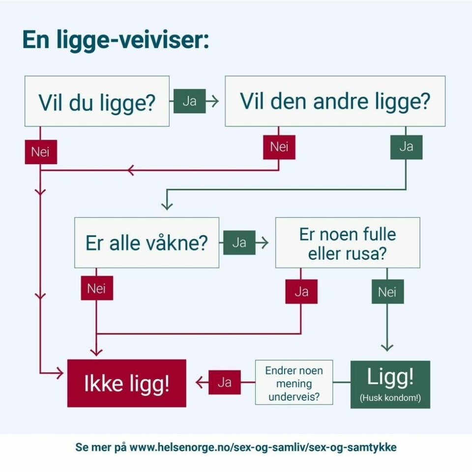 Slik skal du ifølge Helsedirektoratet finne ut om du kan ligge med noen. Foto: Helsedirektoratet / NTB Slik skal du ifølge Helsedirektoratet finne ut om du kan ligge med noen. Foto: Helsedirektoratet / NTB Foto: NTB
