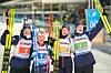 F.v.: Tarjei Bø, Ingrid Landmark Tandrevold, Karoline Knotten og Johannes Thingnes Bø i målområdet etter at de kom på 2. plass i blandet stafett i VM i skiskyting i Nove Mesto. Foto: Heiko Junge / NTB