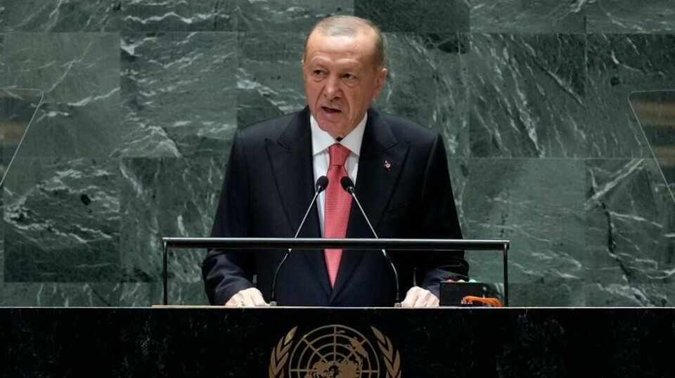 Tyrkias president Recep Tayyip Erdogan på talerstolen i FNs hovedforsamling tirsdag. Foto: Richard Drew / AP / NTB