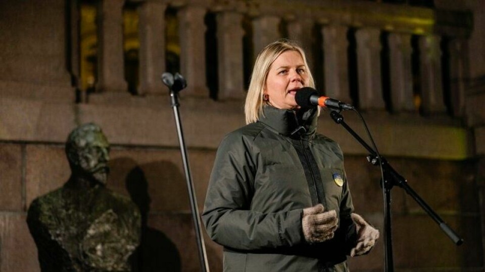 Venstre-leder Guri Melby under Ukraina-markeringen foran Stortinget nylig.