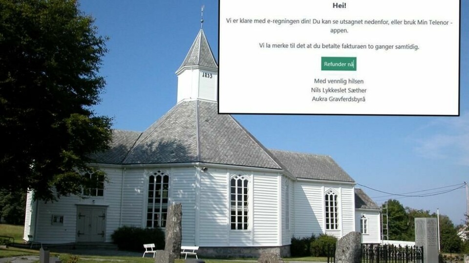 Epostene som ble sendt ut av svindlerne hevdet å komme fra Aukra Gravferdsbyrå. Det lille begravelsesbyrået utenfor Molde synes hendelsen er uheldig. På bildet er Aukra kirke.