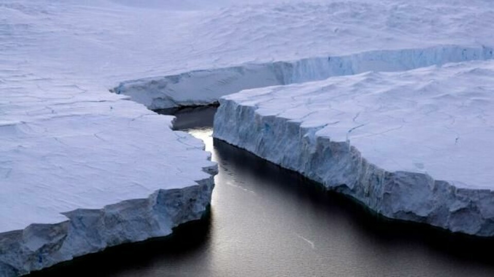 Bildet viser et enormt isfjell som bryter løs fra Knox Coast, Antarktis i 2008. Foto: AFP/ Torsten Blackwood