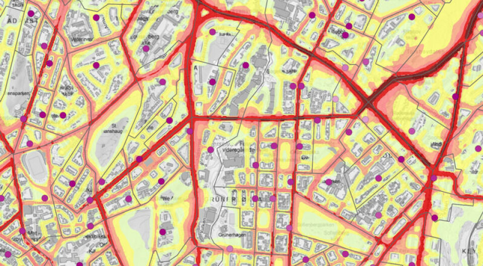 De mørkerøde fargene viser hvor støyen er verst, mens lysegule og ikke-skraverte områder viser lav grad av støypåvirkning. Datakilde: Geodata og Miljødirektoratets Strategiske støykart. De mørkerøde fargene viser hvor støyen er verst, mens lysegule og ikke-skraverte områder viser lav grad av støypåvirkning. Datakilde: Geodata og Miljødirektoratets Strategiske støykart.