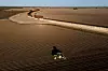 En traktor pløyer en åker ved en mur bygget langs grensa mot Mexico i Progreso i delstaten Texas. Foto: Julio Cortez / AP / NTB