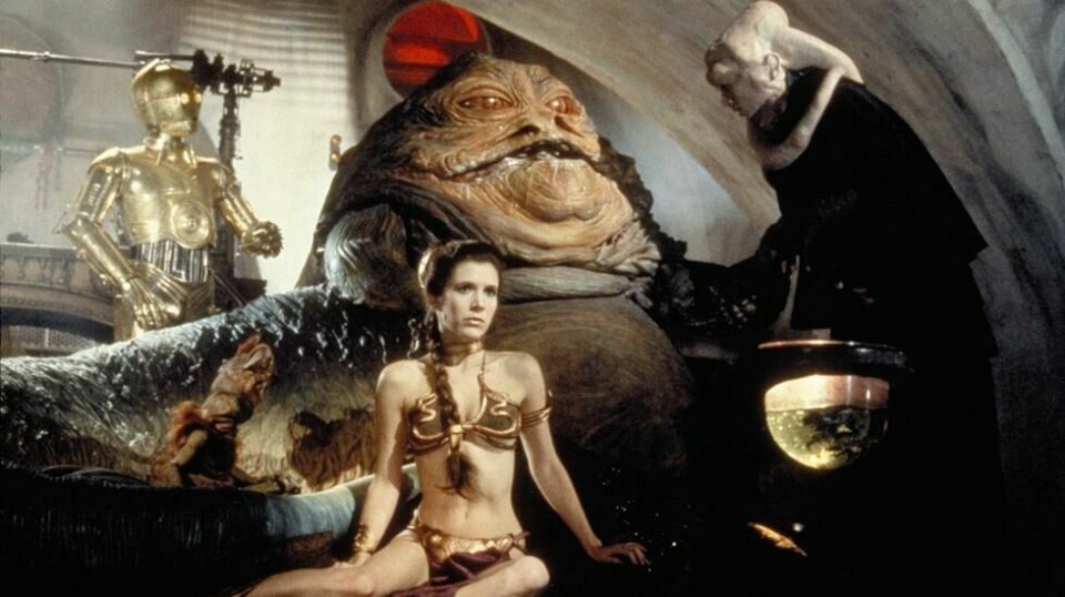 Prinsesse Leia, spilt av Carrie Fisher i filmen Star Wars: Return of the Jedi. Det er bikinien hun har på seg her som ble solgt for en høy sum.