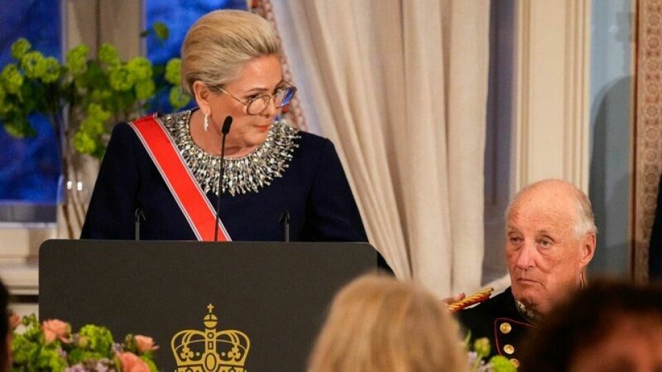 Islands president Halla Tómasdóttir holder tale før gallamiddagen på Slottet i forbindelse med presidentparets statsbesøket til Norge.