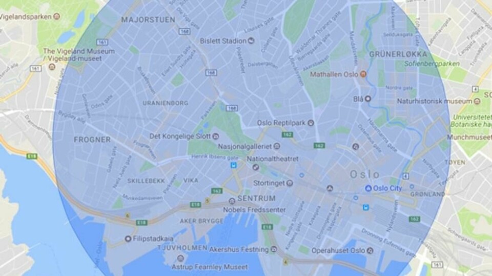 Kart over restriksjonsområdet (R-102) over Oslo sentrum. To kinesiske statsborgere ble onsdag pågrepet etter at de fløy drone i forbudssonen i Oslo sentrum.