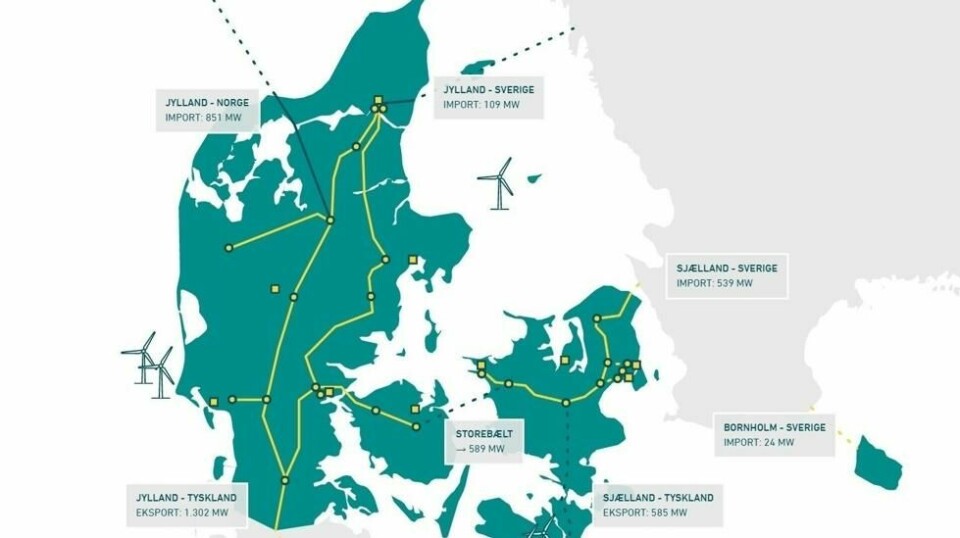 Danmark er et transittland for kraft fra Norge til Tyskland. Her et øyeblikksbilde den 23. mars. Siden 1. november har Norge eksportert 7.7 millioner megawattimer, og importert 3.2 millioner megawattimer med elektrisitet.