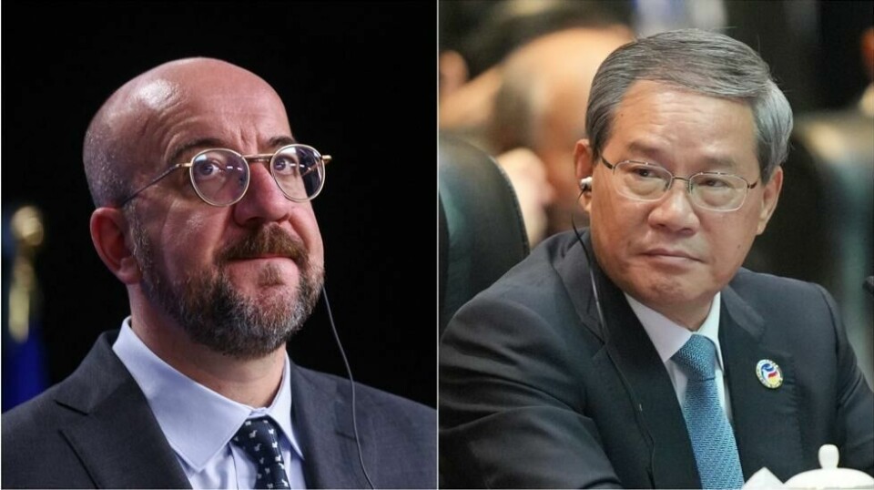 Det er steile fronter i den pågående handelskonflikten mellom EU og Kina, her representert ved EU-president Charles Michel (t.v.) og Kinas statsminister Li Qiang.