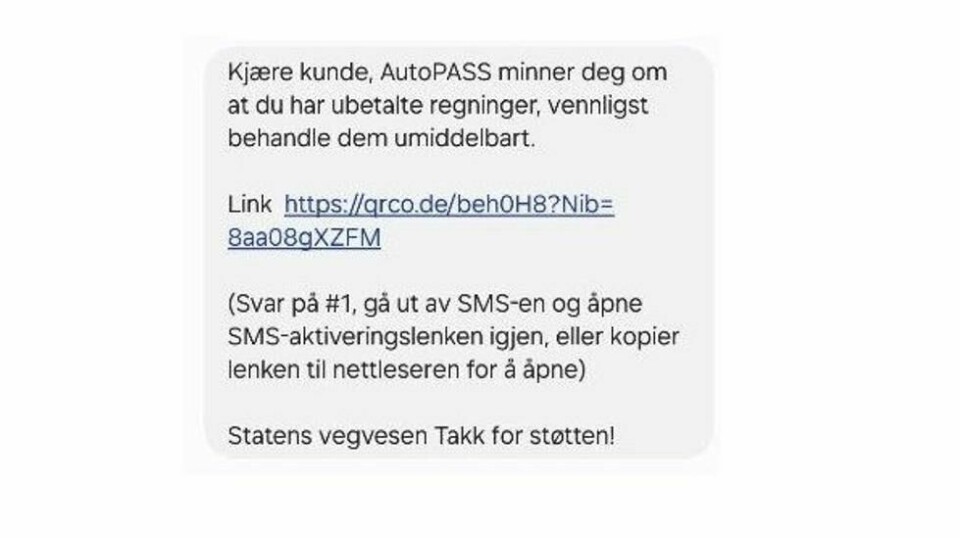 Slik skal den aktuelle SMS-en se ut, opplyser Statens vegvesen.