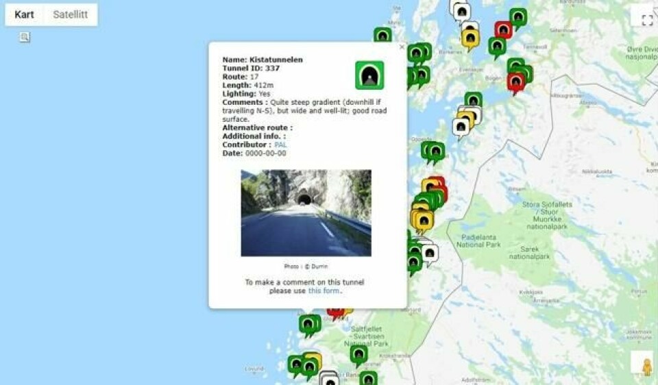 Et eksempel på hva slags informasjon du kan få om de enkelte tunnelene. Et eksempel på hva slags informasjon du kan få om de enkelte tunnelene. Foto: Skjermdump Cycletourer
