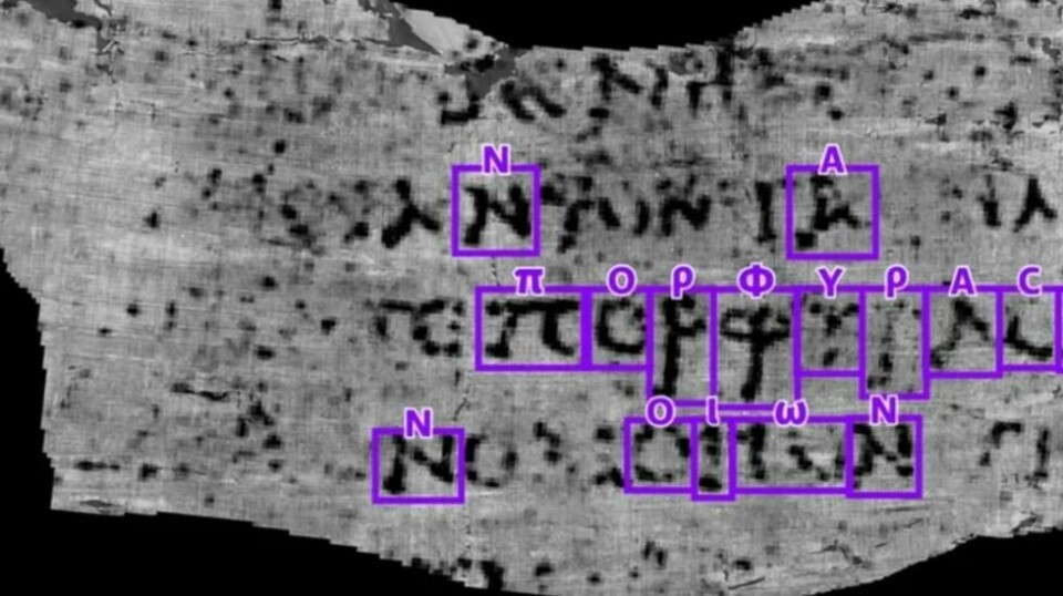 I den 2000 år gamle teksten er det oppdaget ord som πορφύρac, som betyr lilla på gresk.
