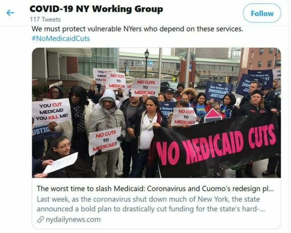 MEDICAID: Verst mulig tidspunkt å kutte helsebudsjettet, mener demonstranter i New York. MEDICAID: Verst mulig tidspunkt å kutte helsebudsjettet, mener demonstranter i New York. Foto: Faksimile fra Twitter
