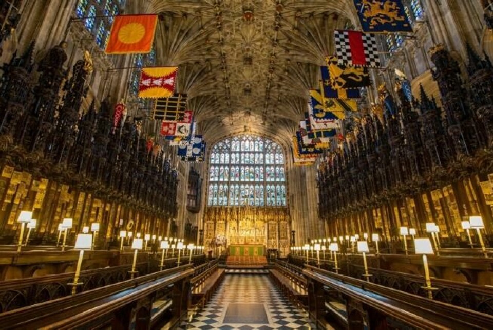 Koret i St. Georges kapell i Windsor-slottet vest for London, der paret vies lørdag. Scanpix/AFP. Koret i St. Georges kapell i Windsor-slottet vest for London, der paret vies lørdag. Scanpix/AFP.
