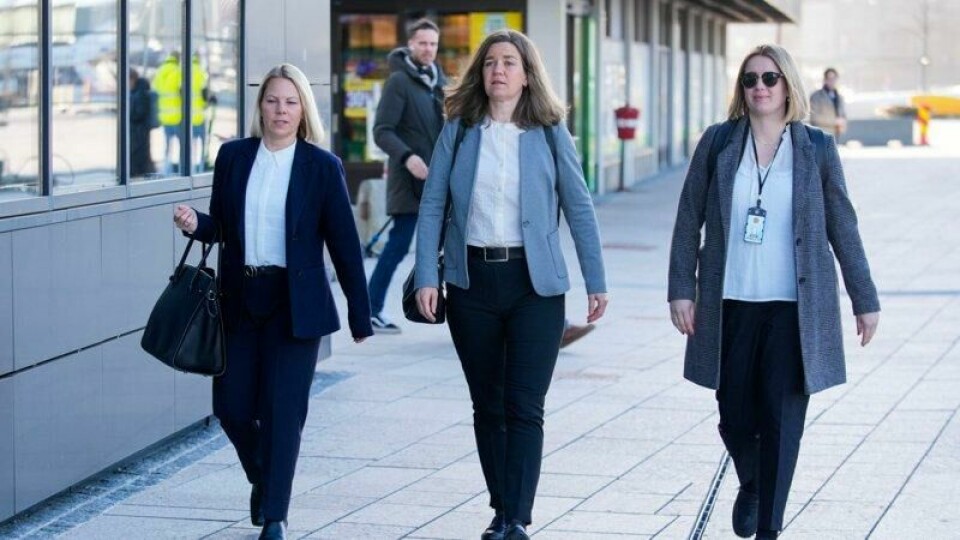 Aktoratet med Ellen Mellemstrand Gimre t.v., Angjerd Kvernenes og Kristine Løvas i Sør-Rogaland tingrett under dag 12 av straffesaken mot Gjert Arne Ingebrigtsen, tidligere trener og far til Jakob Ingebrigtsen.