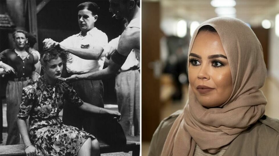 En kvinne klippes i franske Montélimar i 1945 som straff for at hun har hatt et forhold til en tysker. Til høyre Malika Bayan som ble nektet frisørtime på grunn av at hun brukte hijab. Foto: National Archives and Records Administration / NTB scanpix.