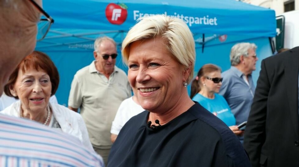 Fremskrittpartiets leder Siv Jensen fotografert i Drammen under valgkampen i høst.