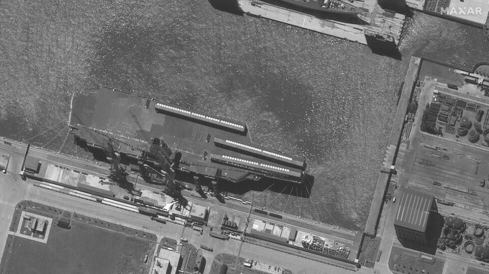 Et satellittfoto frigitt av Maxar Technologies viser Kinas ferske kjempe, Fujian, dagen etter skipet ble sjøsatt. Bildet er tatt 18. juni.