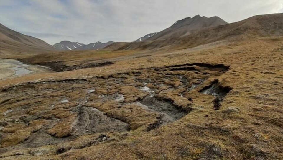 Tining av permafrost under bakken på Svalbard har ført til at landmasser over bakken har beveget på seg. Tining av permafrost under bakken på Svalbard har ført til at landmasser over bakken har beveget på seg. Foto: Norsk Polarinstitutt/Virve Ravolainen