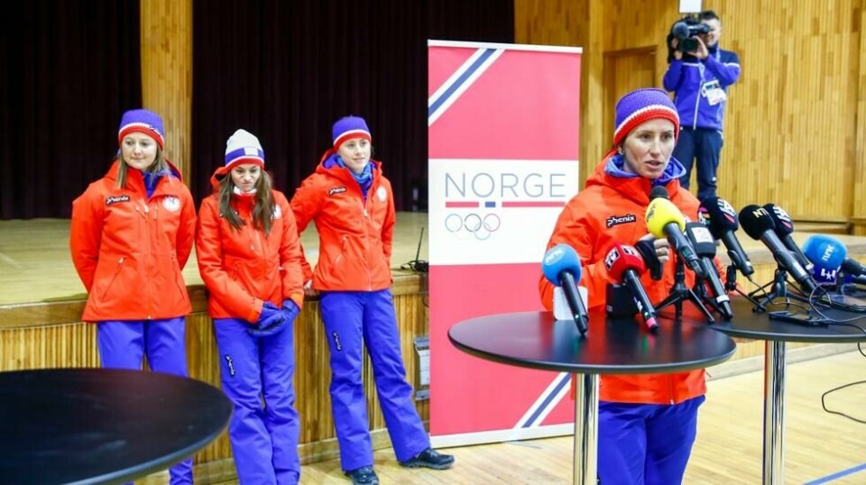 Marit Bjørgen, Ingvild Flugstad Østberg, Heidi Weng og Ragnhild Haga under et tidligere pressetref i OL.