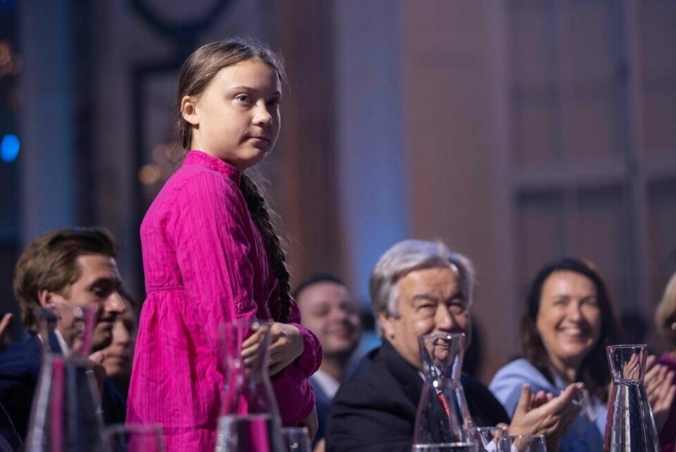 Den svenske klimaaktivisten Greta Thunberg etter en tale ved åpningsseremonien for klimaorganisasjonen R20 i Wien i Østerrike 28. mai 2019. R20 Regions of Climate Action er grunnlagt av politiker, filmstjerne og aktivist Arnold Schwarznegger. NTB Scanpix/AFP. Den svenske klimaaktivisten Greta Thunberg etter en tale ved åpningsseremonien for klimaorganisasjonen R20 i Wien i Østerrike 28. mai 2019. R20 Regions of Climate Action er grunnlagt av politiker, filmstjerne og aktivist Arnold Schwarznegger. NTB Scanpix/AFP.