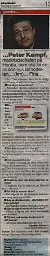 Intervju med Hondas svenske markedssjef Peter Kampf i Aftonbladet 3. mai 2001. Foto: Faksimile