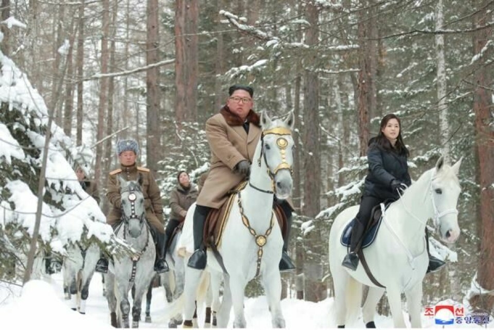 Kim Yo-jong (i bakgrunnen) var med på propagandabildene fra Baektu-fjellet. NTB Scanpix/Reuters. Kim Yo-jong (i bakgrunnen) var med på propagandabildene fra Baektu-fjellet. NTB Scanpix/Reuters.