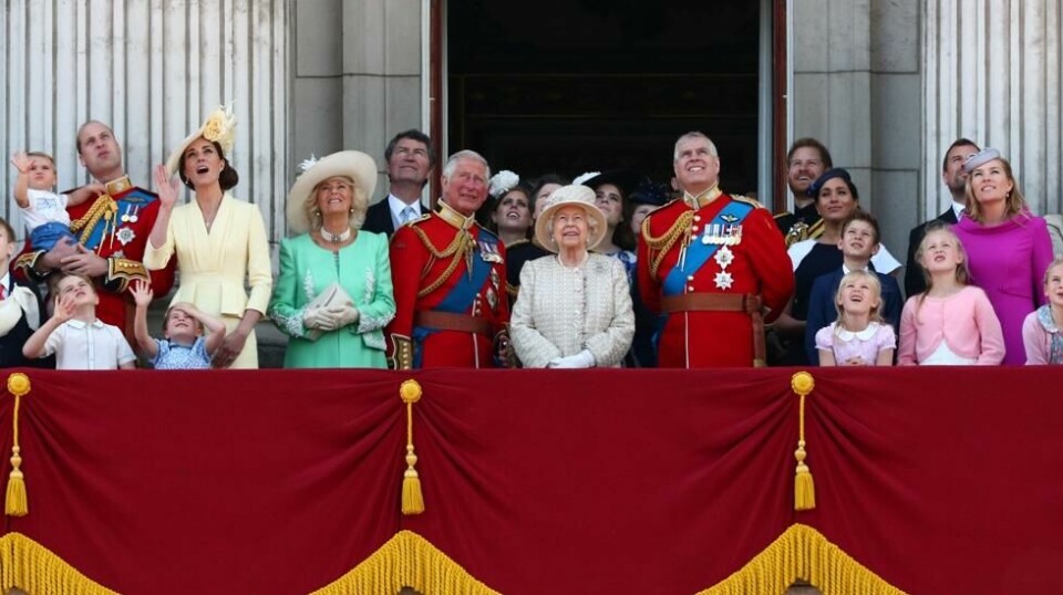 Daværende prins Charles, prins Harry, prins William og Catherine, hertuginne av Cambridge, sammen med andre medlemmer av den britiske kongefamilien, 8. juni 2019.