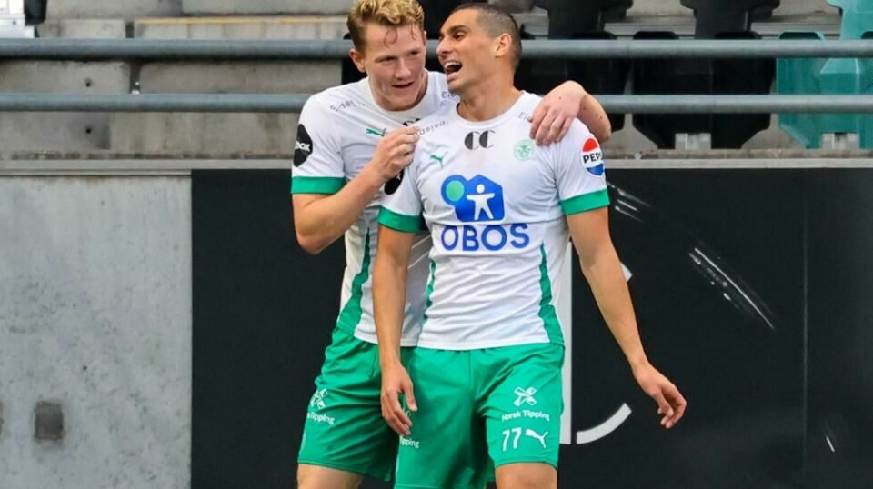 HamKams Vegard Kongsro og Mohamed Ofkir scoret det første og det andre målet under eliteseriekampen mot Lillestrøm på Briskeby stadion lørdag. Foto: Geir Olsen / NTB