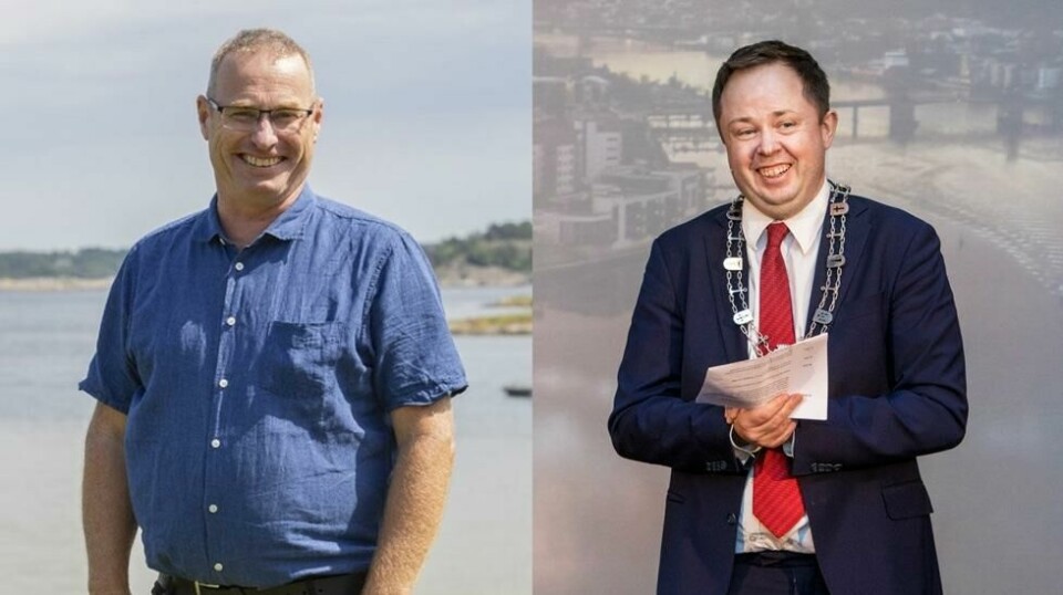 Statssekretær i Kommunal- og moderniseringsdepartementet og 2. kandidat for Vestfold og Telemark Frp Thorleif Fluer Vikre (t.v) og Porsgrunn-ordfører Robin Kåss (t.h).