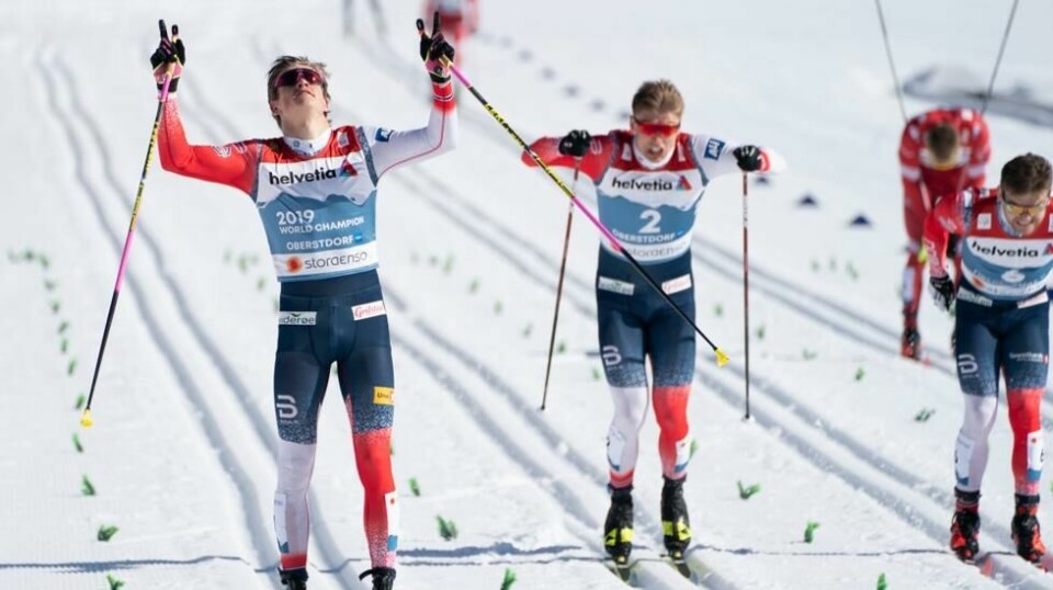 Her vinner Johannes Høsflot Klæbo den forrige VM-sprinten i tyske Oberstdorf foran Erik Valnes og Håvard Solås Taugbøl.