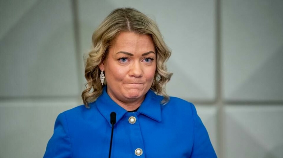 Sandra Borch (Sp) håper å levere ny masteroppgave under ett år etter hun ble tatt i fusk. Her fra pressekonferansen hvor hun gikk av som minister (Rodrigo Freitas / NTB).